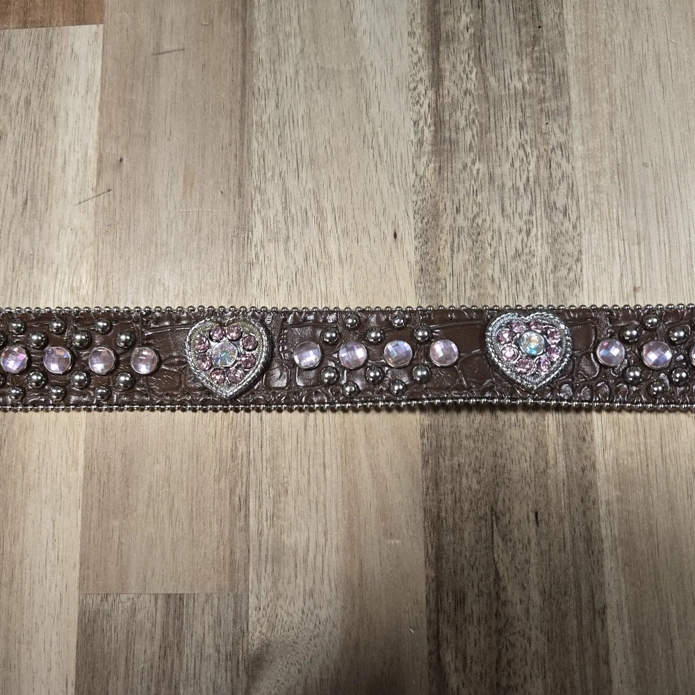 Nocona Girls Brown Leather Belt with Pink Heart Rhinestones Accents